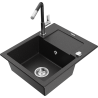 Mexen Enzo 1-compartment granite sink with a drip tray and kitchen mixer tap Flora, Black/Silver metallic - 6506-73-670401-07