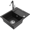 Mexen Enzo granite sink single-bowl with drainer and Flora kitchen tap, black/silver metallic - 6506-73-670401-07