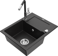 Mexen Enzo granite single-bowl sink with drainer and Flora kitchen faucet, black/silver metallic - 6506-73-670401-07