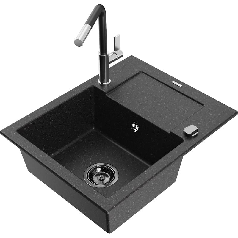 Mexen Enzo granite kitchen sink single-bowl with drainer and Flora kitchen faucet, black/silver metallic - 6506-73-670401-07-B