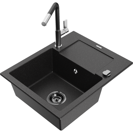 Mexen Enzo granite kitchen sink single-bowl with drainer and Flora kitchen faucet, black/silver metallic - 6506-73-670401-07-B