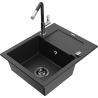 Mexen Enzo 1-compartment granite sink with a drip tray and kitchen mixer tap Flora, Black/Silver metallic - 6506-73-670401-07-B