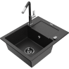 Mexen Enzo granite sink, 1-bowl with drainer and Flora kitchen tap, black/silver metallic - 6506-73-670401-07-B