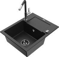 Mexen Enzo granite kitchen sink 1-bowl with drainer and kitchen faucet Flora, black/silver metallic - 6506-73-670401-07-B
