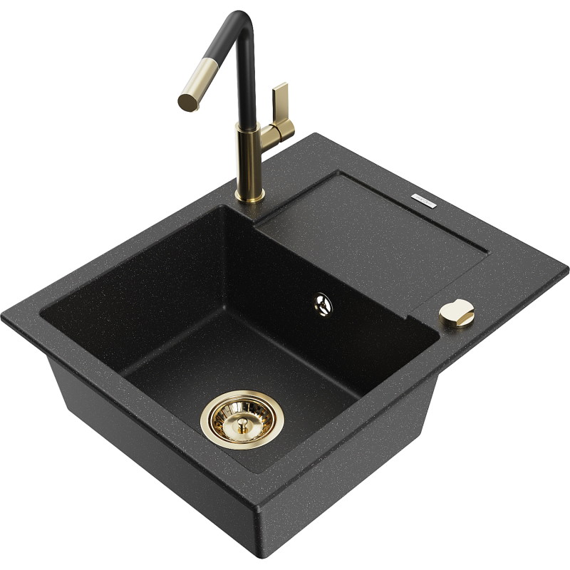 Mexen Enzo granite kitchen sink with 1 bowl, drainer, and Flora kitchen faucet, black/silver metallic - 6506-73-670401-57-G