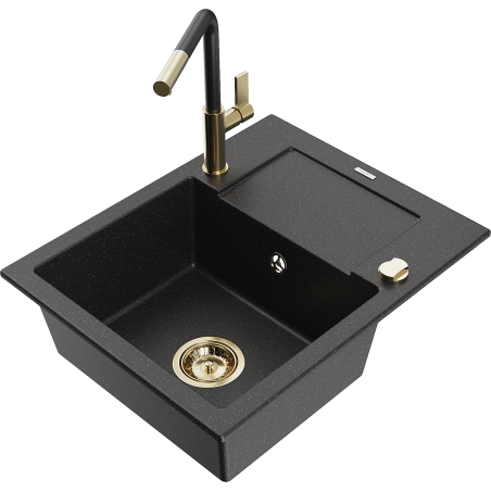 Mexen Enzo 1-compartment granite sink with a drip tray and kitchen mixer tap Flora, Black/Silver metallic - 6506-73-670401-57-G