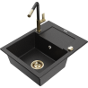 Mexen Enzo granite kitchen sink with 1 bowl, drainer, and Flora kitchen faucet, black/silver metallic - 6506-73-670401-57-G