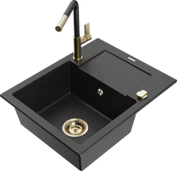 Mexen Enzo granite kitchen sink with 1 bowl, drainer, and Flora kitchen faucet, black/silver metallic - 6506-73-670401-57-G