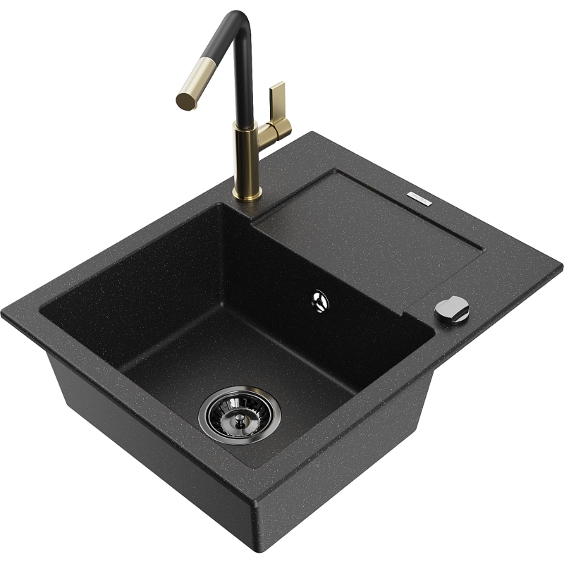 Mexen Enzo granite kitchen sink 1-bowl with drainer and Flora kitchen tap, black/silver metallic - 6506-73-670401-57-B