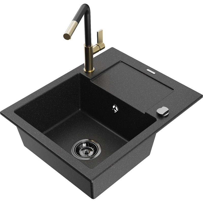 Mexen Enzo granite sink 1-bowl with drainer and Flora kitchen faucet, black/silver metallic - 6506-73-670401-57-B