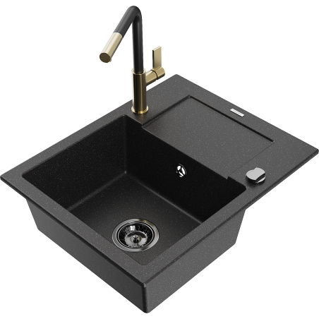 Mexen Enzo granite sink 1-bowl with drainer and Flora kitchen faucet, black/silver metallic - 6506-73-670401-57-B