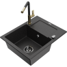 Mexen Enzo granite sink 1-bowl with drainer and Flora kitchen faucet, black/silver metallic - 6506-73-670401-57-B