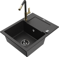 Mexen Enzo granite sink 1-bowl with drainer and Flora kitchen faucet, black/silver metallic - 6506-73-670401-57-B