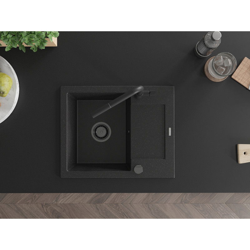 Mexen Enzo granite sink 1-bowl with drainer and Flora kitchen tap, black/silver metallic - 6506-73-670401-70-B