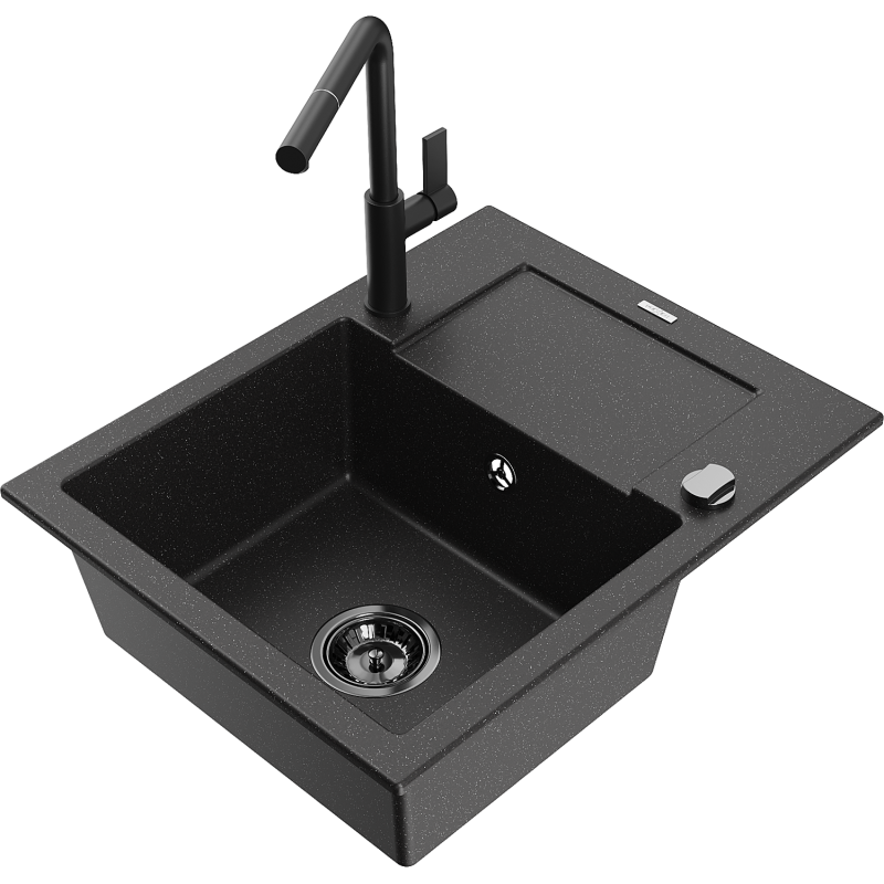 Mexen Enzo 1-compartment granite sink with a drip tray and kitchen mixer tap Flora, Black/Silver metallic - 6506-73-670401-70-B