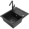 Mexen Enzo 1-bowl granite sink with drainer and Flora kitchen faucet, black/silver metallic - 6506-73-670401-70-B