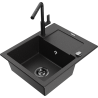Mexen Enzo granite sink 1-bowl with drainer and Flora kitchen tap, black/silver metallic - 6506-73-670401-70-B
