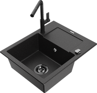 Mexen Enzo 1-chamber granite sink with drainer and Flora kitchen faucet, black/silver metallic - 6506-73-670401-70-B