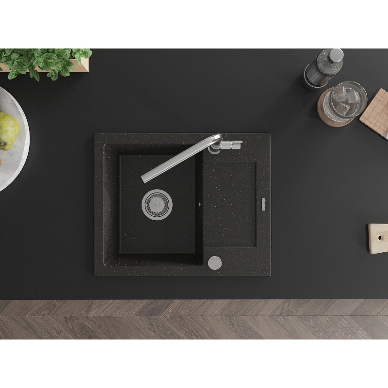 Mexen Enzo granite kitchen sink 1-bowl with drainer and Flora kitchen faucet, black/gold metallic - 6506-75-670401-00
