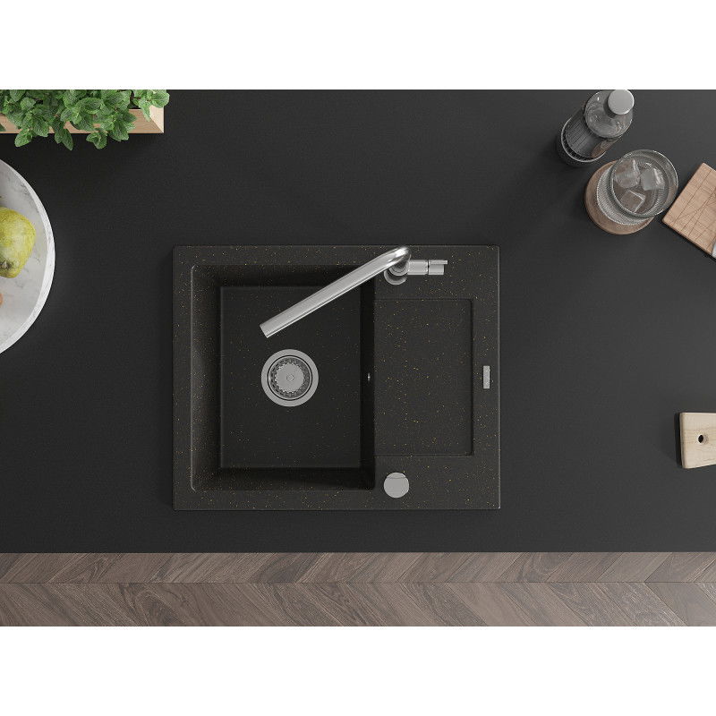 Mexen Enzo Single-Bowl Granite Sink with Drainer and Flora Kitchen Tap, Black/Gold Metallic - 6506-75-670401-00