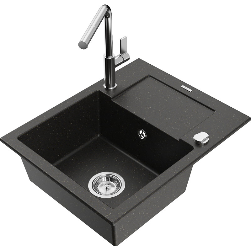 Mexen Enzo granite kitchen sink 1-bowl with drainer and Flora kitchen faucet, black/gold metallic - 6506-75-670401-00