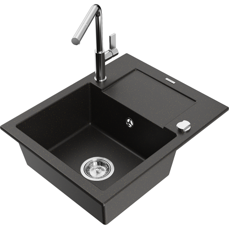 Mexen Enzo granite kitchen sink 1-bowl with drainer and Flora kitchen faucet, black/gold metallic - 6506-75-670401-00