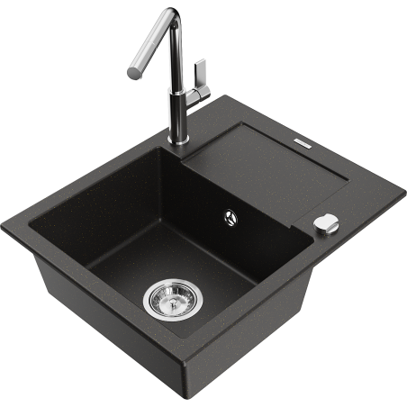 Mexen Enzo Single-Bowl Granite Sink with Drainer and Flora Kitchen Tap, Black/Gold Metallic - 6506-75-670401-00