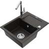 Mexen Enzo granite kitchen sink 1-bowl with drainer and Flora kitchen faucet, black/gold metallic - 6506-75-670401-00
