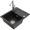 Mexen Enzo granite kitchen sink with 1 basin, drainer, and Flora kitchen faucet, black/gold metallic - 6506-75-670401-00