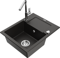 Mexen Enzo granite kitchen sink with 1 basin, drainer, and Flora kitchen faucet, black/gold metallic - 6506-75-670401-00
