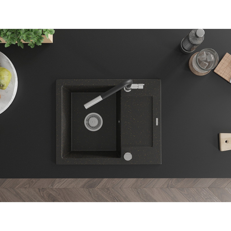 Mexen Enzo granite kitchen sink single-bowl with drainer and Flora kitchen faucet, black/gold metallic - 6506-75-670401-07