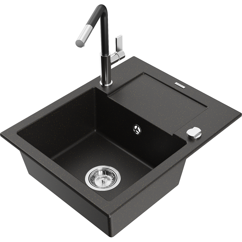 Mexen Enzo 1-compartment granite sink with a drip tray and kitchen mixer tap Flora, Black/Gold metallic - 6506-75-670401-07