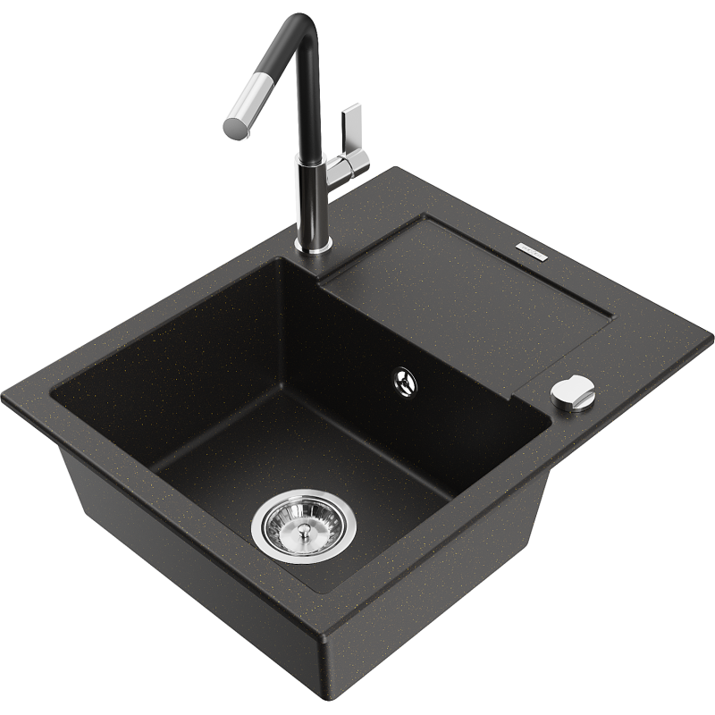 Mexen Enzo granite kitchen sink 1-bowl with drainer and Flora kitchen tap, black/gold metallic - 6506-75-670401-07