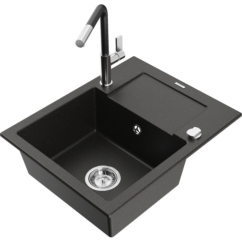 Mexen Enzo granite kitchen sink single-bowl with drainer and Flora kitchen faucet, black/gold metallic - 6506-75-670401-07