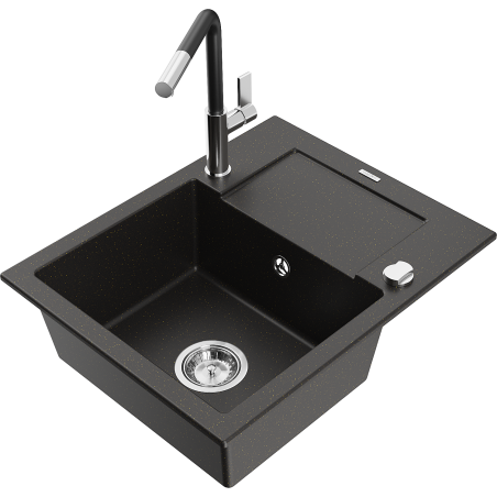 Mexen Enzo granite kitchen sink 1-bowl with drainer and Flora kitchen faucet, black/gold metallic - 6506-75-670401-07