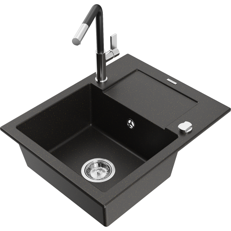 Mexen Enzo granite kitchen sink single-bowl with drainer and Flora kitchen faucet, black/gold metallic - 6506-75-670401-07