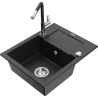 Mexen Enzo granite kitchen sink 1-bowl with drainer and Flora kitchen faucet, black/gold metallic - 6506-75-670401-07