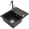 Mexen Enzo granite kitchen sink single-bowl with drainer and Flora kitchen faucet, black/gold metallic - 6506-75-670401-07