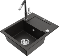 Mexen Enzo granite kitchen sink 1-bowl with drainer and Flora kitchen faucet, black/gold metallic - 6506-75-670401-07