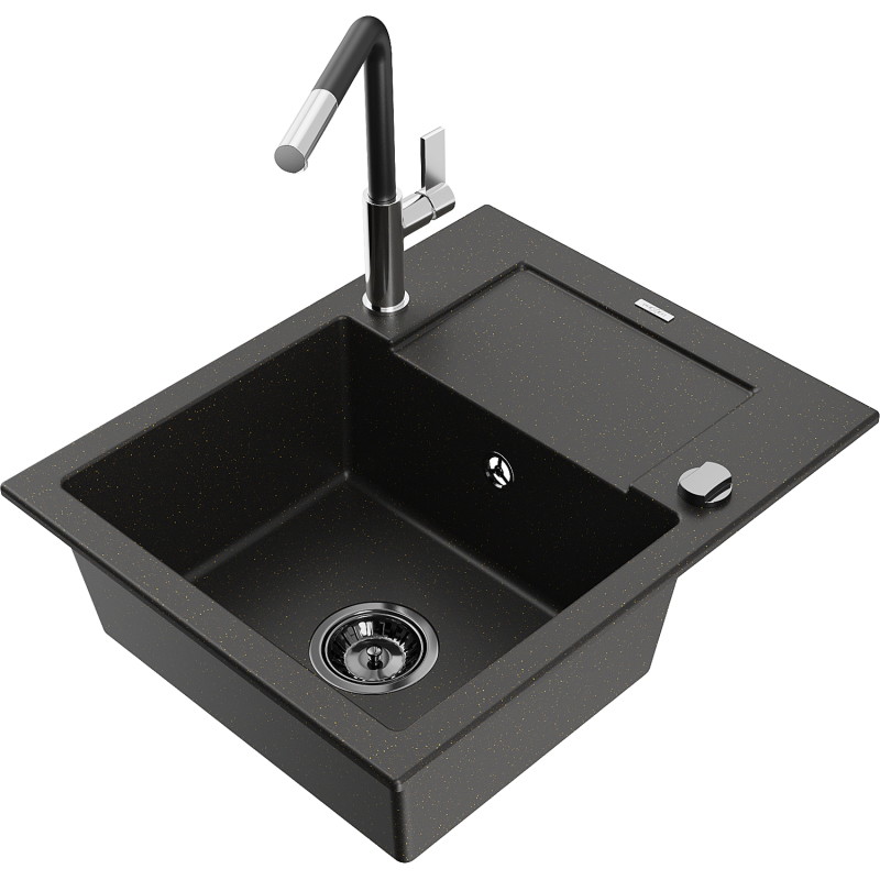 Mexen Enzo granite single-bowl sink with drainer and Flora kitchen faucet, black/gold metallic - 6506-75-670401-07-B
