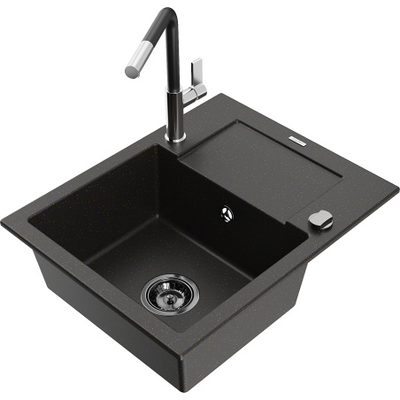 Mexen Enzo 1-bowl granite sink with drainer and Flora kitchen tap, black/gold metallic - 6506-75-670401-07-B