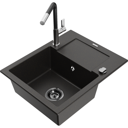 Mexen Enzo granite kitchen sink 1-bowl with drainer and Flora kitchen faucet, black/gold metallic - 6506-75-670401-07-B