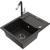 Mexen Enzo granite kitchen sink 1-bowl with drainer and Flora kitchen faucet, black/gold metallic - 6506-75-670401-07-B
