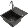 Mexen Enzo granite single-bowl sink with drainer and Flora kitchen faucet, black/gold metallic - 6506-75-670401-07-B