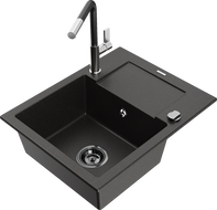 Mexen Enzo granite kitchen sink 1-bowl with drainer and Flora kitchen faucet, black/gold metallic - 6506-75-670401-07-B