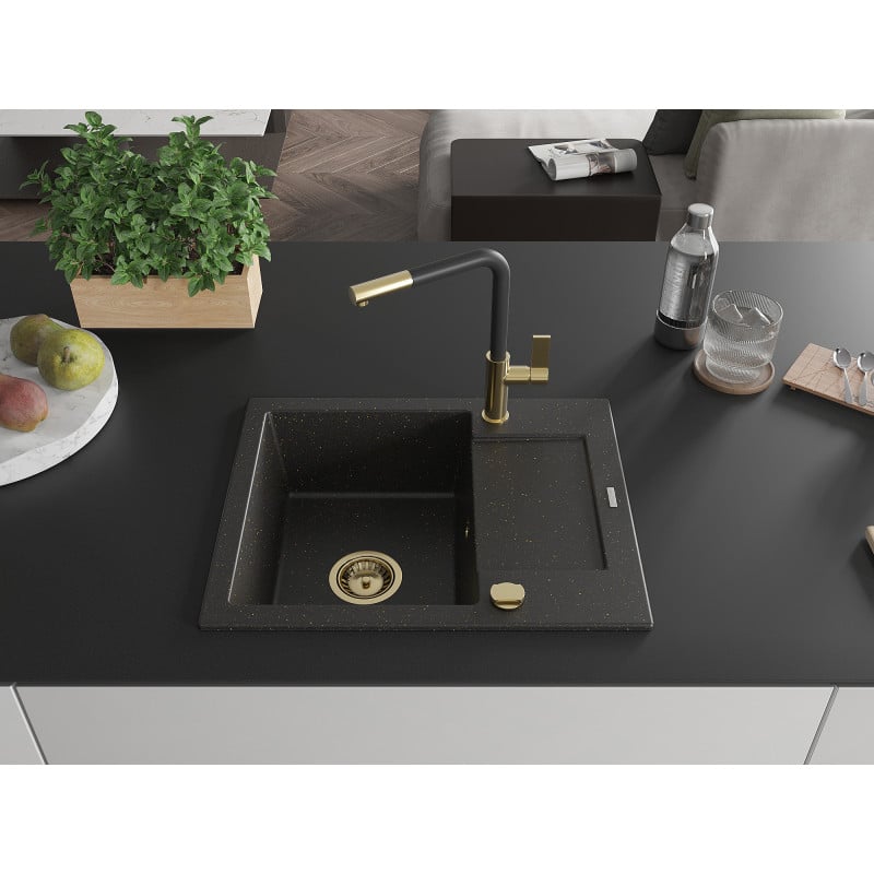 Mexen Enzo granite kitchen sink 1-bowl with drainer and Flora kitchen tap, black/gold metallic - 6506-75-670401-57-G