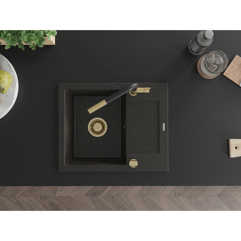 Mexen Enzo granite single-bowl sink with drainer and Flora kitchen faucet, black/gold metallic - 6506-75-670401-57-G