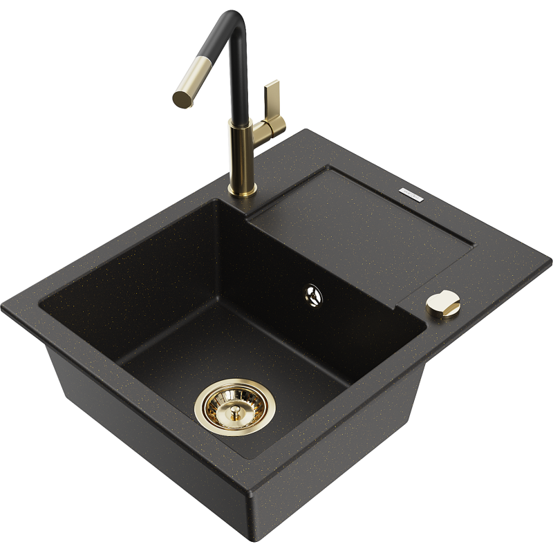 Mexen Enzo 1-compartment granite sink with a drip tray and kitchen mixer tap Flora, Black/Gold metallic - 6506-75-670401-57-G