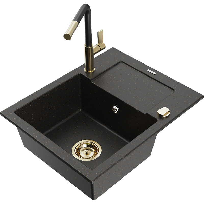 Mexen Enzo granite kitchen sink 1-bowl with drainer and Flora kitchen tap, black/gold metallic - 6506-75-670401-57-G