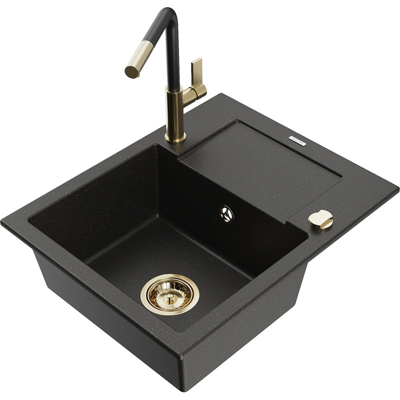Mexen Enzo granite single-bowl sink with drainer and Flora kitchen faucet, black/gold metallic - 6506-75-670401-57-G